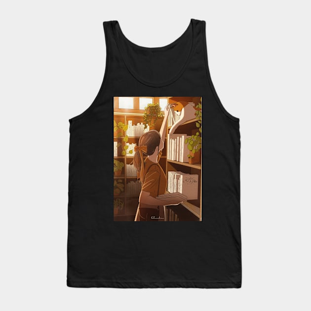 Book Lover Girl with Cat Tank Top by la'lunadraw